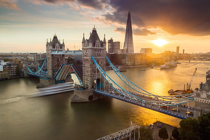 bridge, sunset, traffic, Tower Bridge, London, HD wallpaper