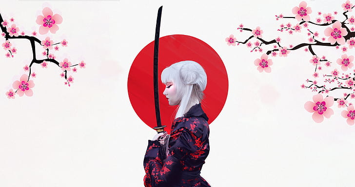 The sun, Girl, Minimalism, Sakura, Japan, Sword, Background