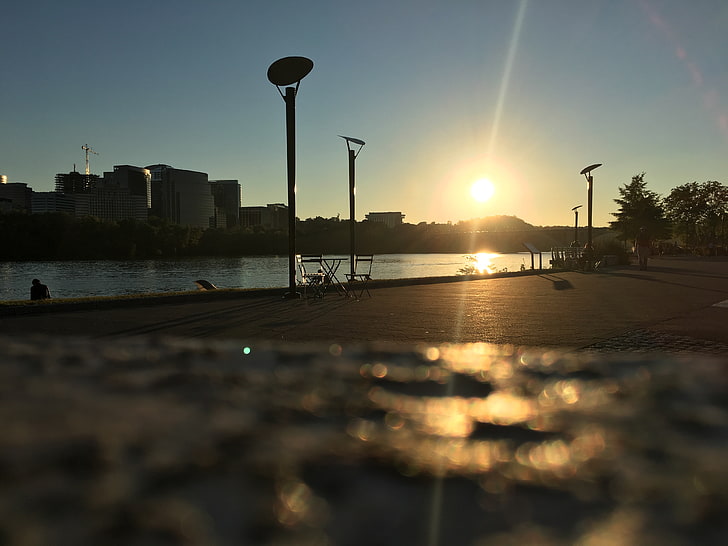 Sun, USA, river, Washington, D.C., sky, street, water, street light, HD wallpaper