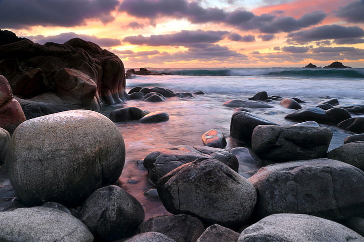 gray stone sea shore in sunset i, Porth Nanven, seascape, Cornwall, HD wallpaper