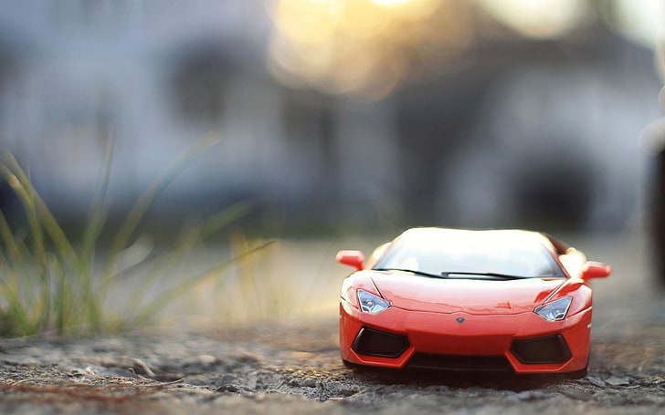 red Lamborghini car die-cast model, toys, macro, miniatures, mode of transportation, HD wallpaper