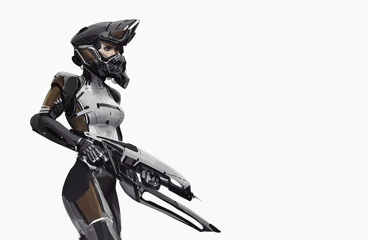 person holding gray gun digital wallpaper, armor, helmet, girl