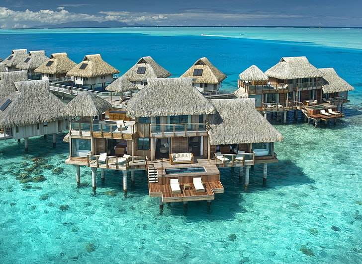 aerial photography of huts on ocean photo, sea, house, Hilton, HD wallpaper
