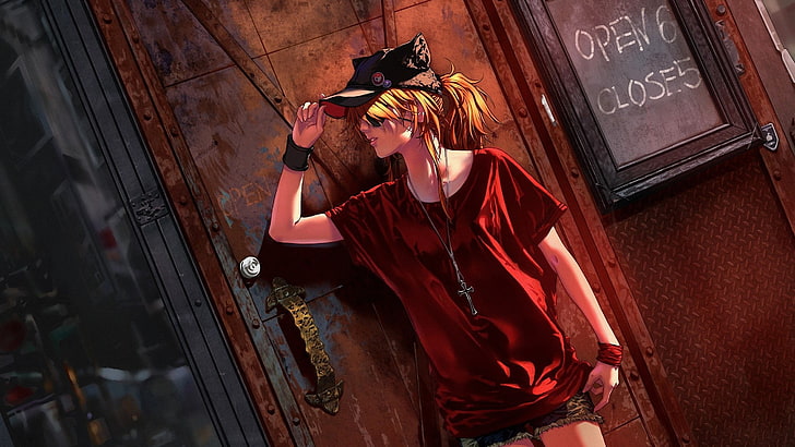 female wearing red shirt leaning on wall digital wallpaper, Neon Genesis Evangelion