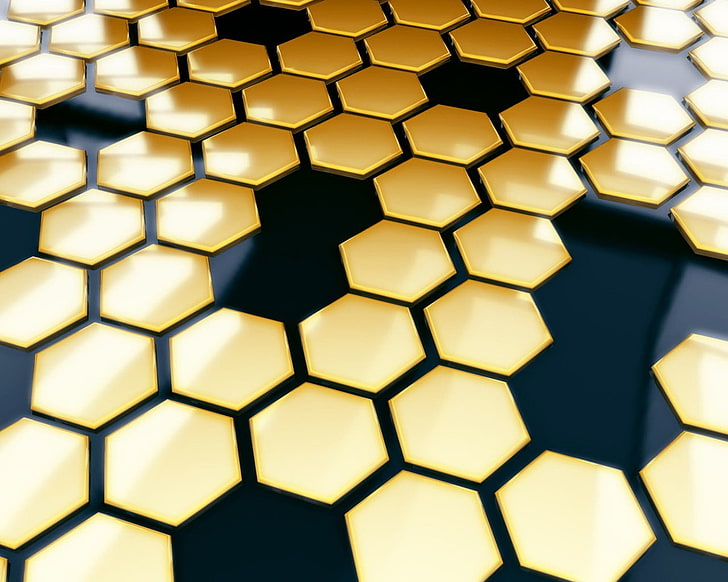 gold and black tiles wallpaper, hexagon, pattern, render, geometric shape