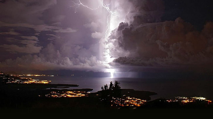 thunder storm, nature, landscape, lightning, night, lake, city, HD wallpaper