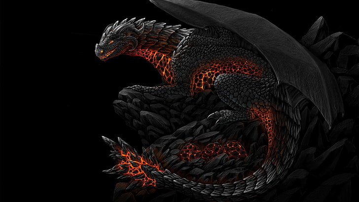 gray dragon illustration, fantasy art, black background, no people, HD wallpaper