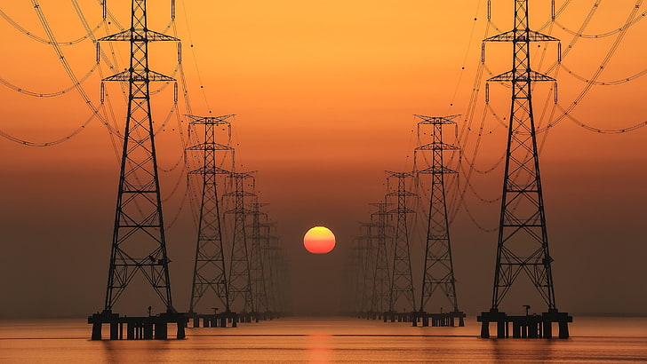 sunrise, electric pole, electricity, sky, overhead power line, HD wallpaper