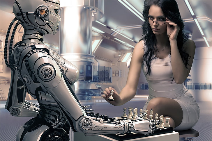 woman wearing white mini dress playing chess against robot, digital art