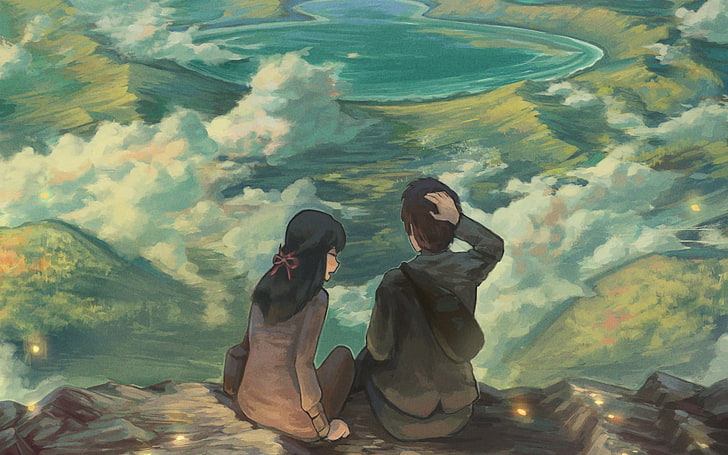 woman and man sitting on mountain painting, Kimi no Na Wa, Miyamizu Mitsuha