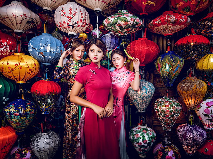 Asian, women, Chinese dress, Cheongsam