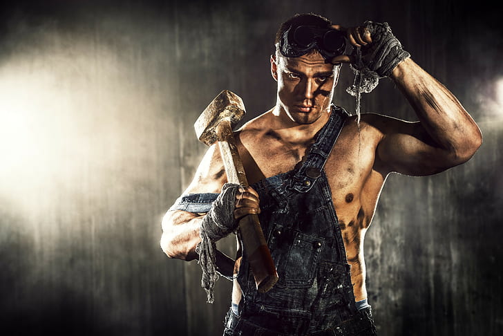 work, men, muscles, hammer, shirtless, HD wallpaper