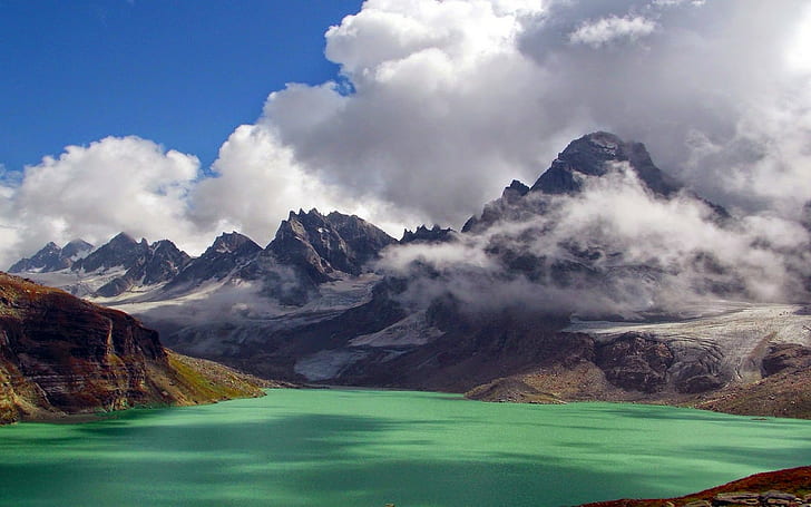water, mountains, Himalayas, Pakistan, green, lake, landscape, HD wallpaper