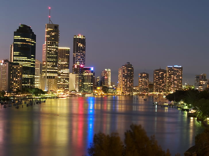 cityscape photography of high-rise buildings during nighttime, brisbane, brisbane