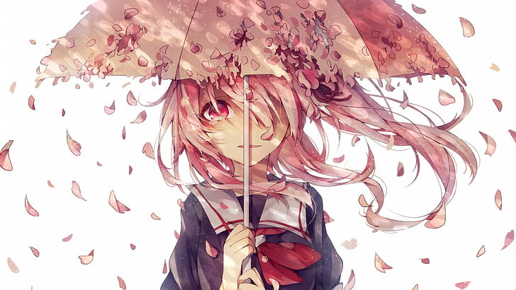 School uniforms, girls, students, umbrellas, petals, cute, anime, HD wallpaper