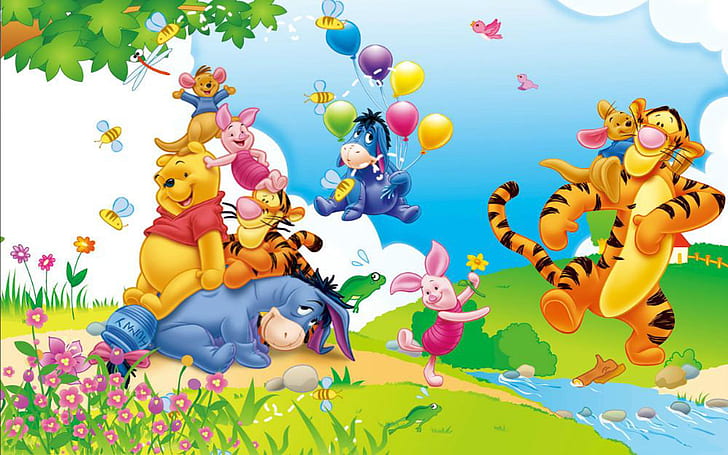 Winnie-The-Pooh-Eeyore-Piglet-Tigger-and Kanga-Cartoon Pics-Wallpaper Widescreen HD resolution-1920×1200, HD wallpaper