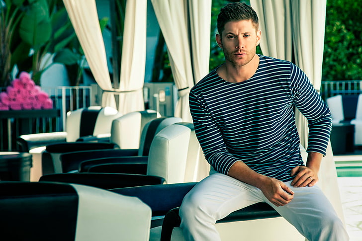 men's black and gray stripe long-sleeved shirt, photoshoot, Jensen Ackles