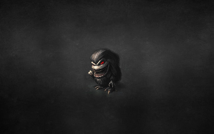 grey and red monster wallpaper, the dark background, hairy, red eyes