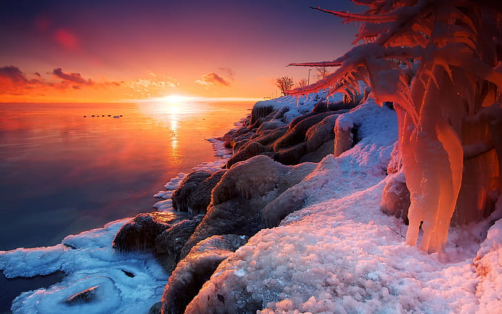 Beautiful winter sunrise, lake, ice, snow