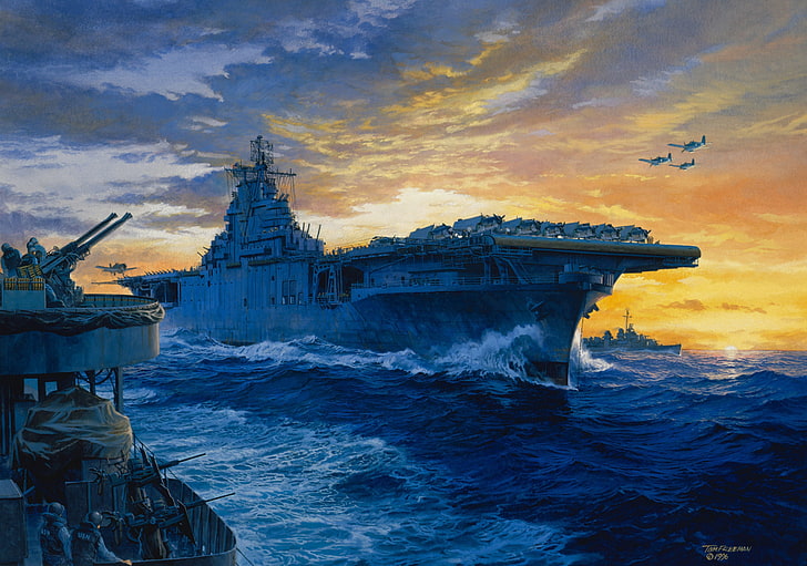 gray ship illustration, Japan, art, aircraft, artist, the carrier