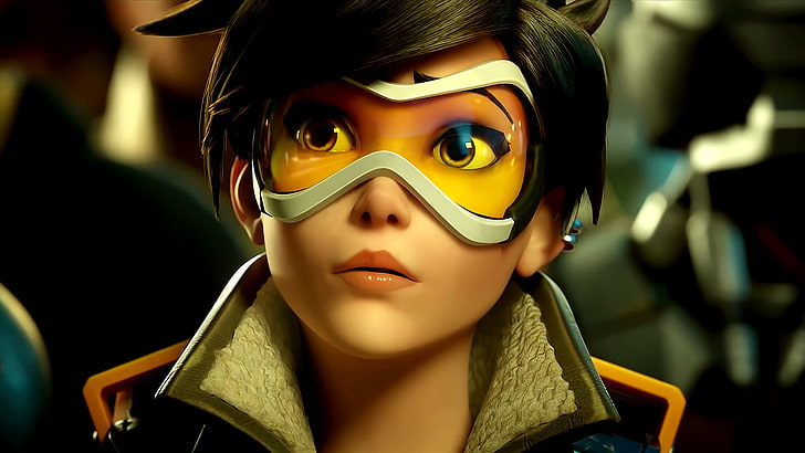 female Overwatch character with white framed goggles, black haired female anime character