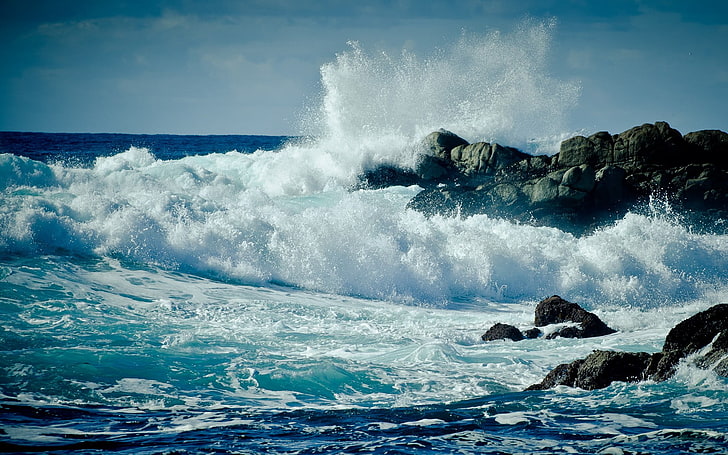 beach, sea, rock, waves, nature, water, motion, power, splashing, HD wallpaper