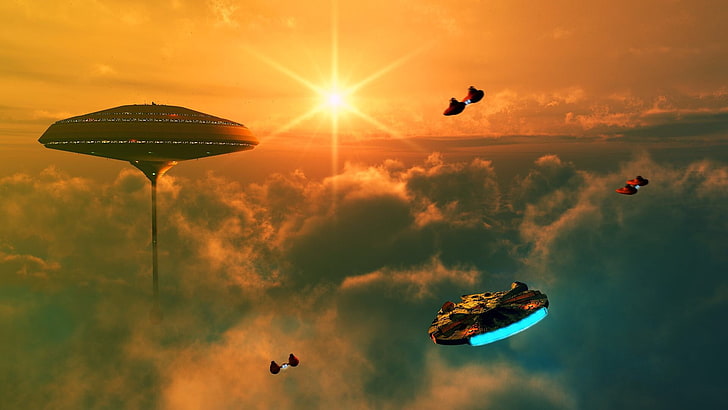 Star Wars, Millennium Falcon, cloud city, sky, flying, cloud - sky, HD wallpaper