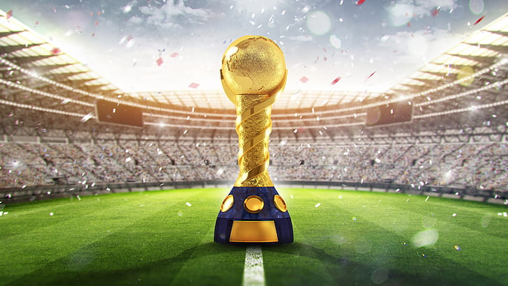 Golden trophy, 2018 FIFA World Cup, Stadium, Russia, 4K, 8K
