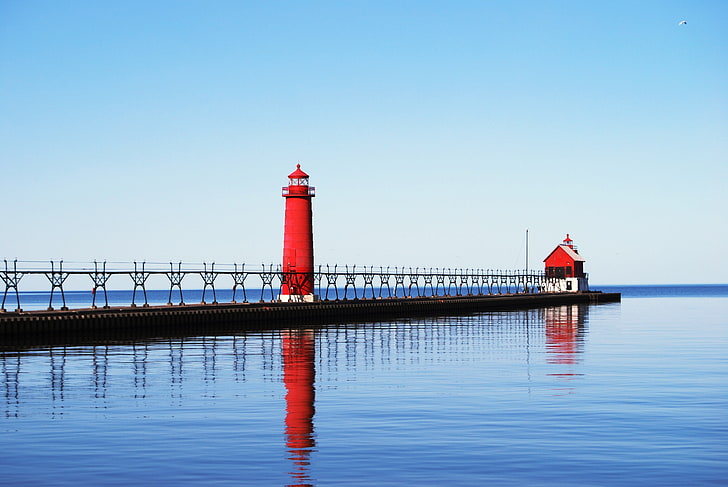 sea, light house, pier, Lake Michigan, Grand Haven, water, built structure, HD wallpaper