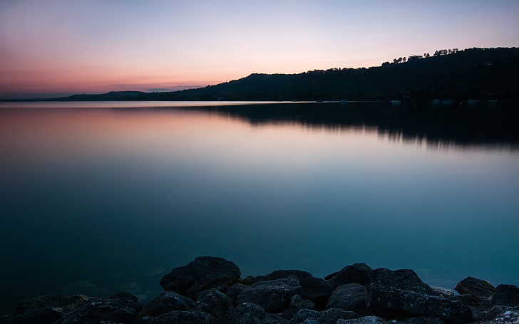 body of water, Switzerland, landscape, rock, silhouette, reflection, HD wallpaper