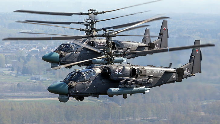 two black helicopter flying at daytime, Kamov Ka-52 Alligator