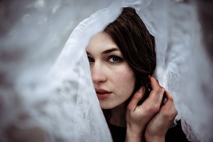 women, brunette, veils, looking at viewer, young adult, young women