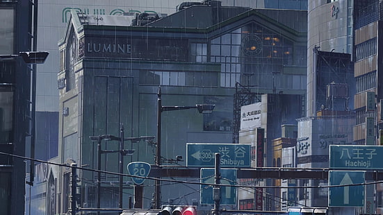HD wallpaper: gray concrete building, anime, city, rain, signs, building  exterior | Wallpaper Flare