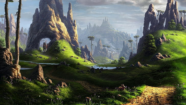 illustration of plain land, fantasy art, landscape, mountains