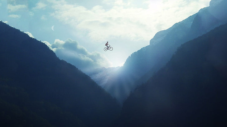 mountain bike, photography, landscape, mountains, digital art, HD wallpaper