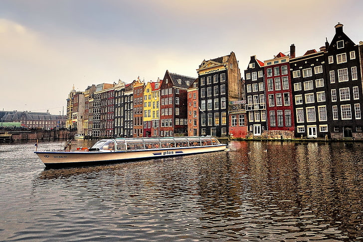 white boat, amsterdam, capital, netherlands, river, buildings, HD wallpaper