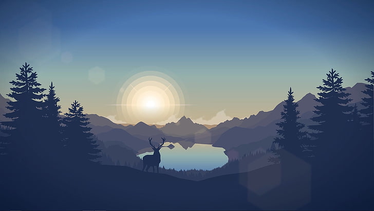 lake surrounded by mountains graphic wallpaper, landscape, deer, HD wallpaper
