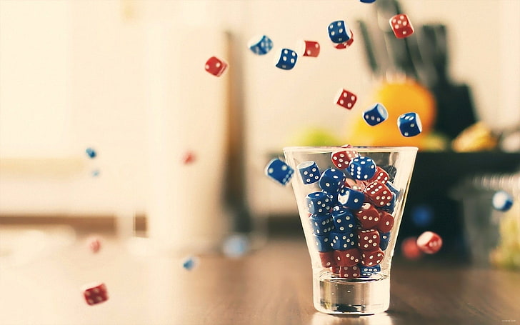 dice, glass, falling, depth of field, household equipment, food and drink, HD wallpaper