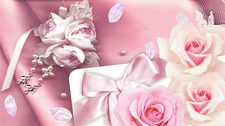 Feminine Pinks, ribbon, pink roses, silk, lace, pearls, petals, HD wallpaper