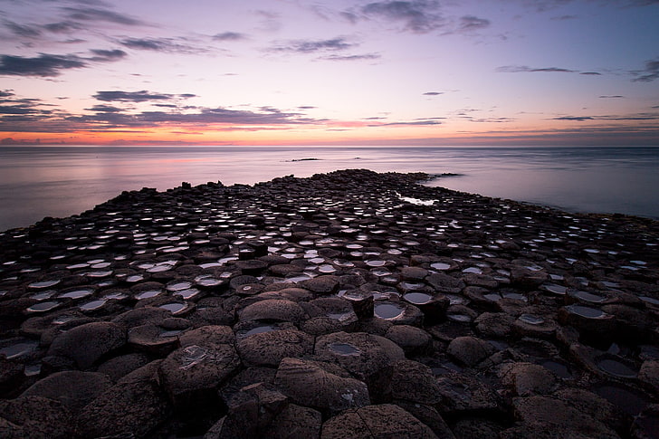 white and red floral mattress, Ireland, Giant's Causeway, sunset, HD wallpaper