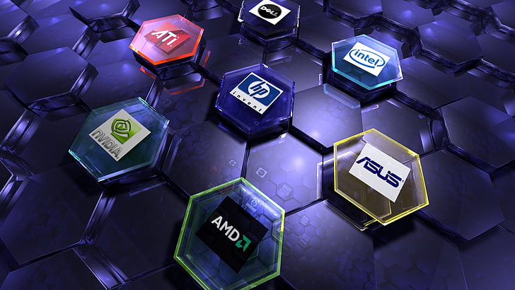 several computer brand logos, nvidia, AMD, internet, intel, ATI, HD wallpaper