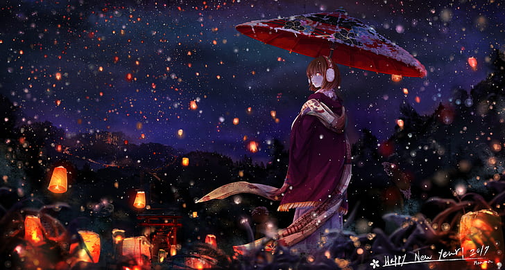 umbrella, artwork, fantasy girl, glowing eyes, anime girls, HD wallpaper