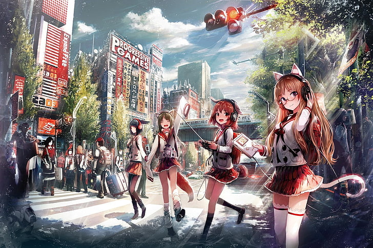 original characters, anime girls, school uniform, cat girl, HD wallpaper