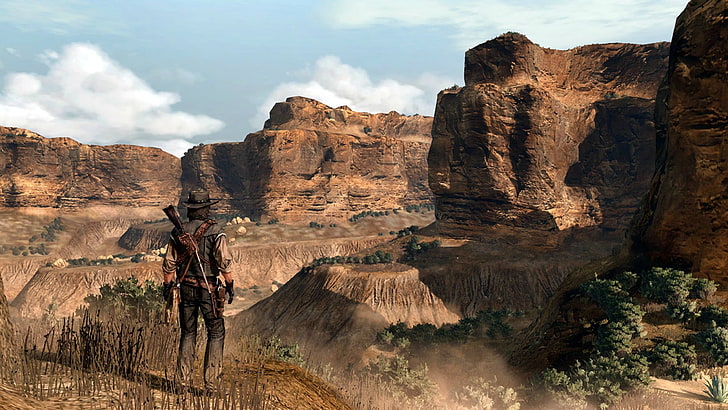 man standing near on the mountain during daytime, Red Dead Redemption
