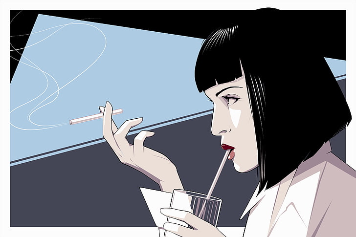 woman sipping drink while holding cigarette painting, Pulp Fiction