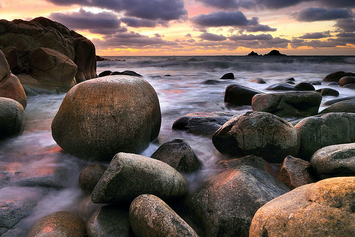 landscape photo of coastal rocks  during golden hour, Winter, HD wallpaper
