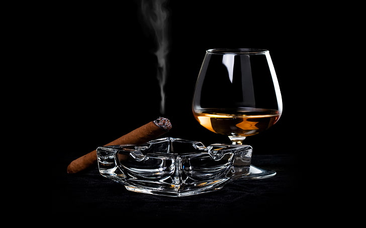 clear wine glass, cigar, booze, alcohol, whiskey, bourbon Whisky