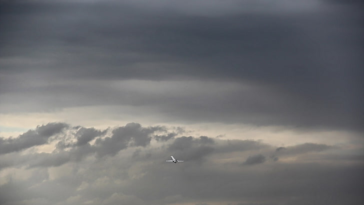 white airplane, nature, landscape, minimalism, sky, clouds, aircraft, HD wallpaper