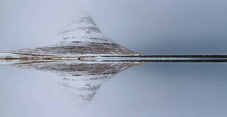 nature, landscape, snow, reflection, lake, mountains, mist, HD wallpaper