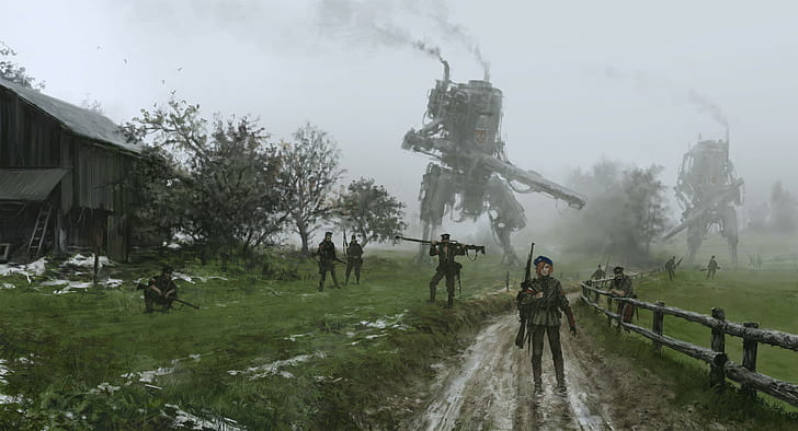 illustration, landscape, robot, soldier, science fiction, Jakub Różalski, HD wallpaper